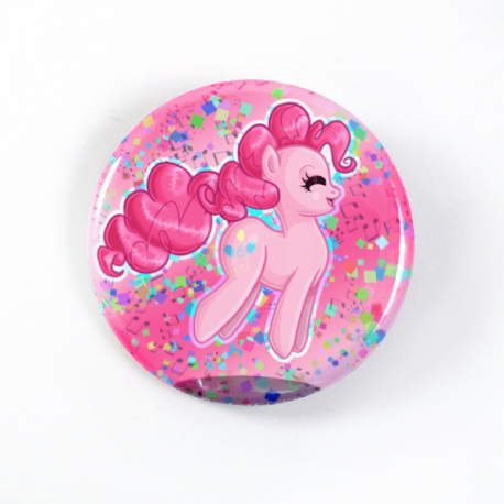 A cute Chibi drawing by Camie M. Anderson of Pinkie Pie from My Little Pony on a handcrafted button