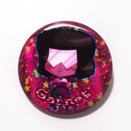 A cute Chibi drawing by Camie M. Anderson of Garnet from Steven Universe on a handmade button