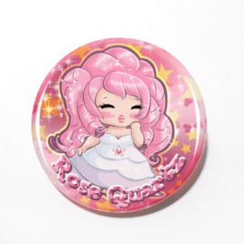 A cute chibi drawing by Camie M. Anderson of Rose Quartz from Steven Universe on a handmade button