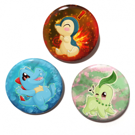 A set of three handmade buttons featuring the Johto starters from Pokemon drawn by Camie M. Anderson