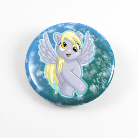 A cute chibi drawing by Camie M. Anderson of Derpy Hooves from My Little pony on a handmade button