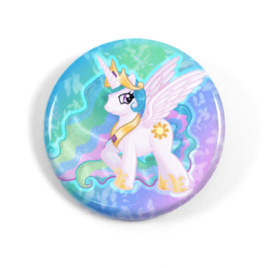 A cute chibi drawing by Camie M. Anderson of Princess Celestia from My Little Pony on a handmade button
