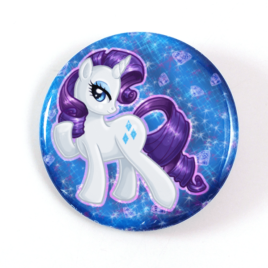 A cute chibi drawing by Camie M. Anderson of Rarity from My Little Pony on a handcrafted button
