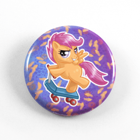 A cute chibi drawig by Camie M. Anderson of Scootaloo from My Little Pony on a handmade button