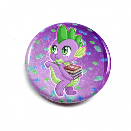 A cute chibi drawing by Camie M. Anderson of Spike from My Little Pony on a hnadcrafted button