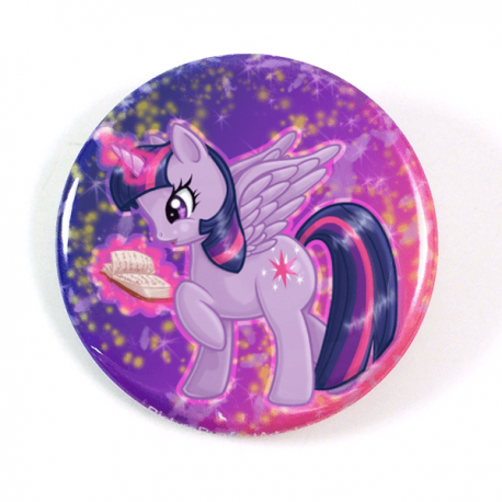 A cute chibi drawing by Camie M. Anderson of Twilight Sparkle from My Little Pony on a handcrafted button