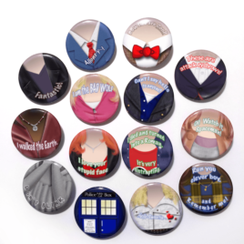A set of thirteen handmade buttons drawn by Camie M. Anderson of a various characters from Doctor Who