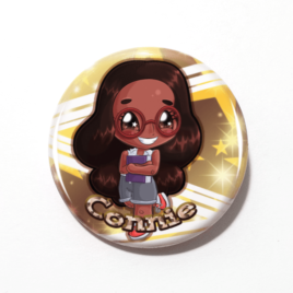 A cute chibi drawing by Camie M. Anderson of Connie Maheswaran from Steven Universe on a handmade button