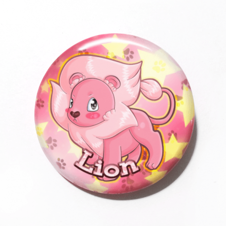 A cute chibi drawing by Camie M. Anderson of Lion from Steven Universe on a handmade button