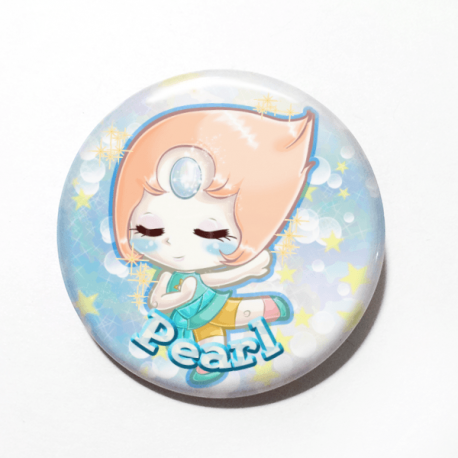 A cute chibi drawing by Came M. Anderson of Pearl from Steven Universe on a handmade button