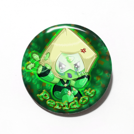A cute chibi drawing by Camie M. Anderson of Peridot from Steven Universe on a handmade button