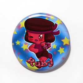 A cute chibi drawing by Camie M. Anderson of Ruby from Steven Universe on a hnadmade button