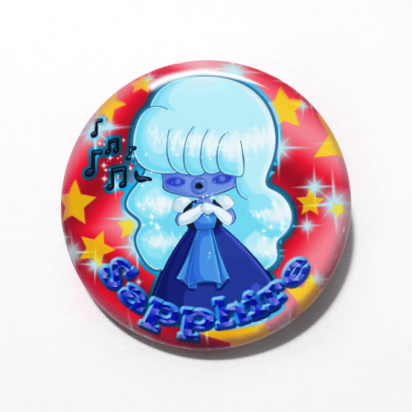 A cute chibi drawing by Camie M. Anderson of Sapphire from Steven Universe on a handmade button