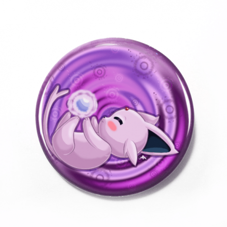 A cute chibi drawing by Camie M. Anderson of Espeon from Pokemon on a handmade button