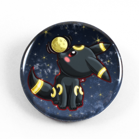 A cute chibi drawing by Camie M. Anderson of Umbreon from Pokemon on a handmade button