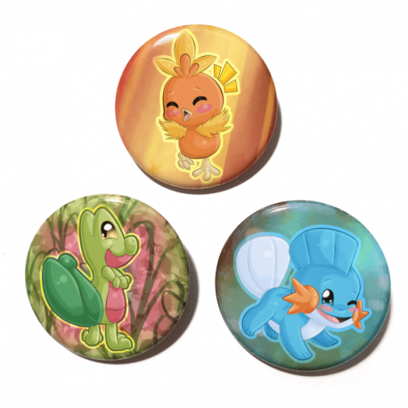 A set of three handmade buttons featuring the Hoenn Starters from Pokemon