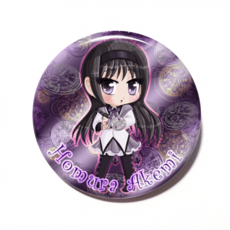 A cute chibi version of Homura from Puella Magi Madoka Magica drawn by Camie M. Anderson on a handmade button