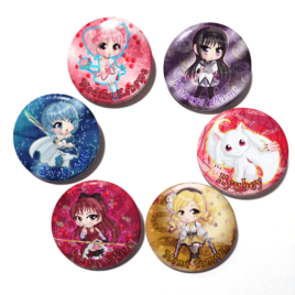 A set of six handmade buttons featuring art drawn by Camie M. Anderson of the main cast of Puella Magi Madoka Magica