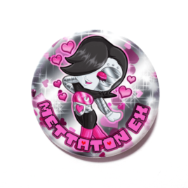 A cute chibi drawing of Mettaton EX on a unique handmade button drawn by Camie M. Anderson