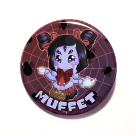 A cute dhibi drawing of Muffet on a handmade button by Camie M. Anderson