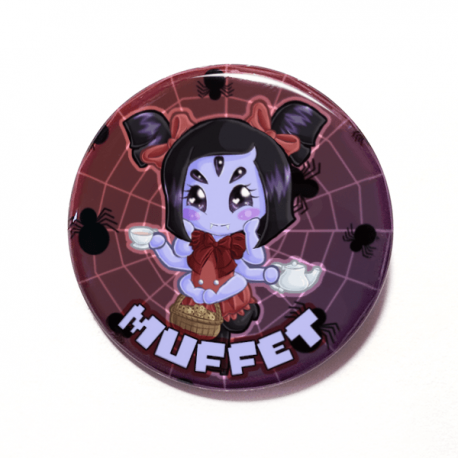 A cute dhibi drawing of Muffet on a handmade button by Camie M. Anderson
