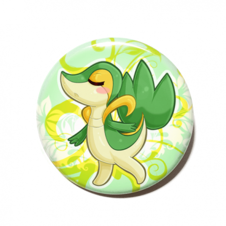 A cute chibi version of Snivy from Pokemon drawn by Camie M. Anderson on a handmade button