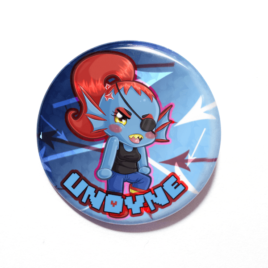 A cute chibi drawing of Undyne on a handmade button by Camie M. Anderson